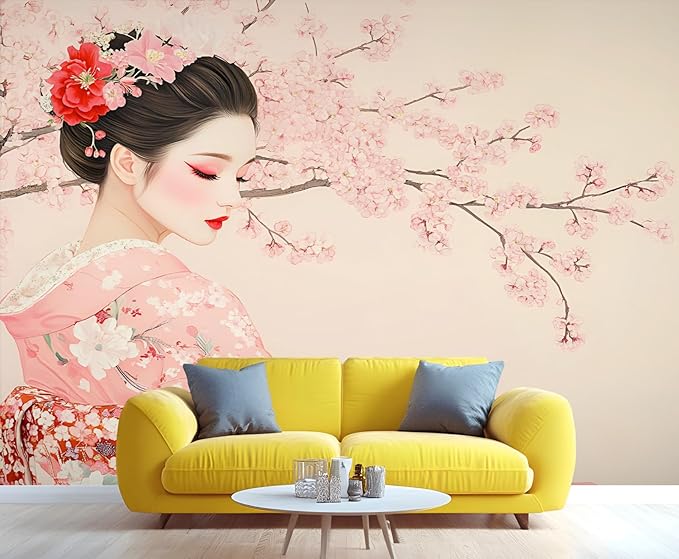 Japanese Cherry Blossom Wall Mural, Kimono Woman Geisha 3D Wall Murals, Oriental Beauty Wallpaper Mural, for Living Room Bedroom Large Wallpaper Indoor Decor 177.16" W x120 H
