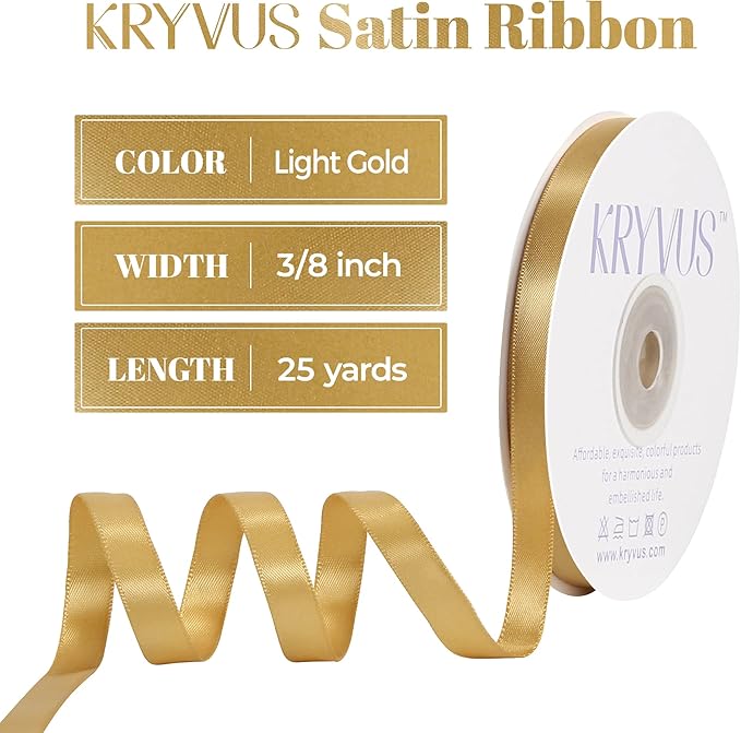 Light Gold Satin Ribbon, Double Faced 3/8 Inch X 25 Yards Light Gold Ribbon, Premium Satin Ribbon for Gift Wrapping, Crafts, Hair Bow Making, Sewing, Flower Bouquet, Wedding Party Decor