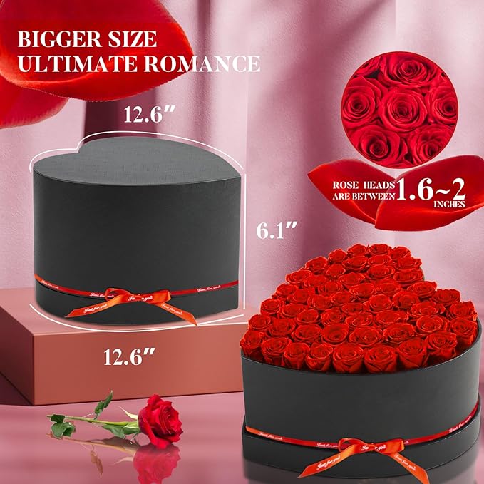 50 Forever Flowers, Preserved Rose in Heart Shape Box, Eternal Roses, Birthday Gifts for Women, Wife, Her, Mother's Day -Red