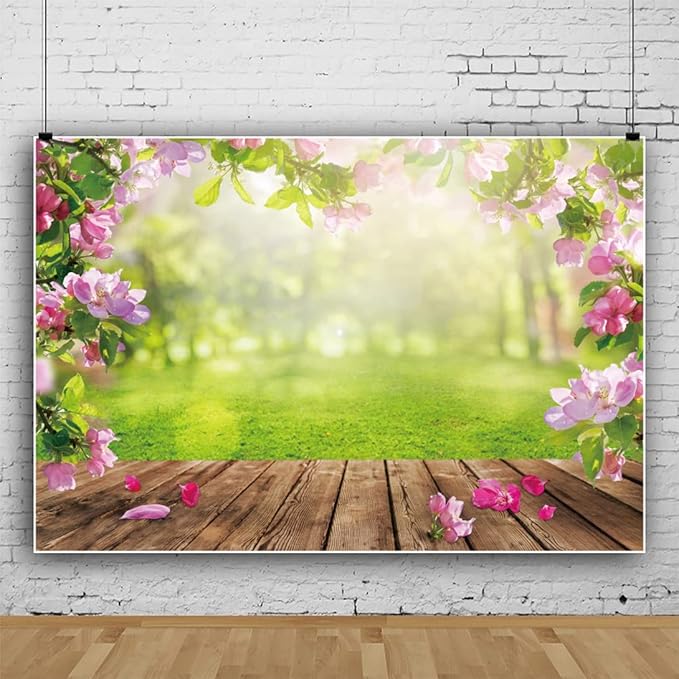 Renaiss 9x6ft Spring Nature Scenery Pink Flower Blossom Green Leaves Wood Floor Park Floral Meadow Photography Background for Wedding Baby Shower Birthday Party Decor Photo Studio Props