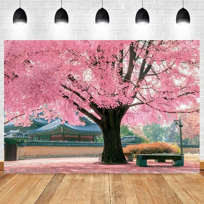 Renaiss 10x7ft Pink Cherry Blossom Backdrop Polyester Fabric Japan Cherry Floral Tree Landscape Palace Asian Themed Party Photography Background Wedding Birthday Party Decor Photo Booth Props