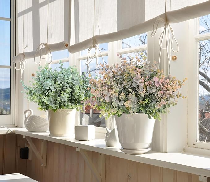 RECUTMS 8 Bundles Artificial Greenery Plants Stems Outdoor Fake Eucalyptus Plants Boxwood Bushes for Farmhouse Bathroom Office Vase Centerpiece Indoor Outdoor Decoration(Dusty Pink)