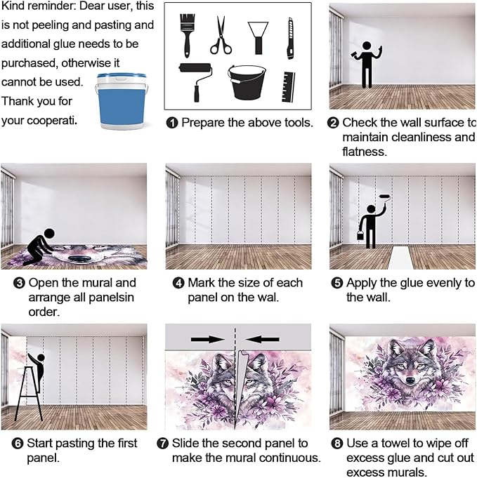 Wolf with Floral Watercolor Wall Mural, Purple Wolf Watercolor Art 3D Wall Murals, Art Flower Painting Wallpaper Mural, for Living Room Bedroom Large Wallpaper Indoor Decor 169.3" W x118.2 H