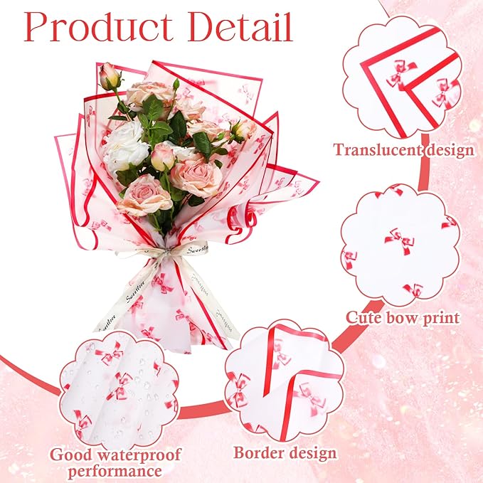 Liobelon 20 Sheets Flower Wrapping Paper Waterproof Bouquet Paper with Bow Pattern Gift Wrapping Paper for Flower Shop, Wedding, Birthday Party, Handmade DIY, Anniversary 22.8 x 22.8 Inch (Bow - red)