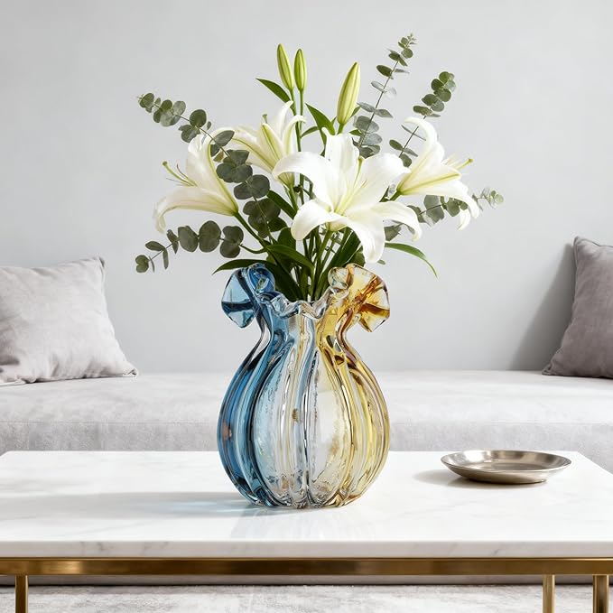 Hand-Blown Glass vase, Unique Wide-Mouth Glass vase, Modern Glass Art Decoration, Suitable for Living Room, Kitchen, Wedding, Dining Table, and Office Centerpiece Floral Arrangements.