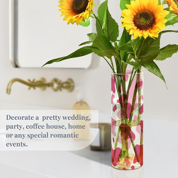 Flower Vase Clear Plastic Cylinder Vases Decor for Centerpieces Home Storage Office Weddings Pink Cow Print White 11.8 x 3.9 in