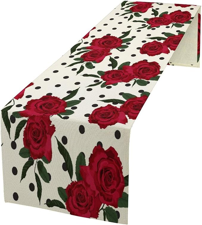 Red Rose Print Table Runner, Romantic Valentines Vintage Rose Spring Summer Dinner Runner Table Decoration for Home Kitchen Dining Holiday Wedding Party 13x70in