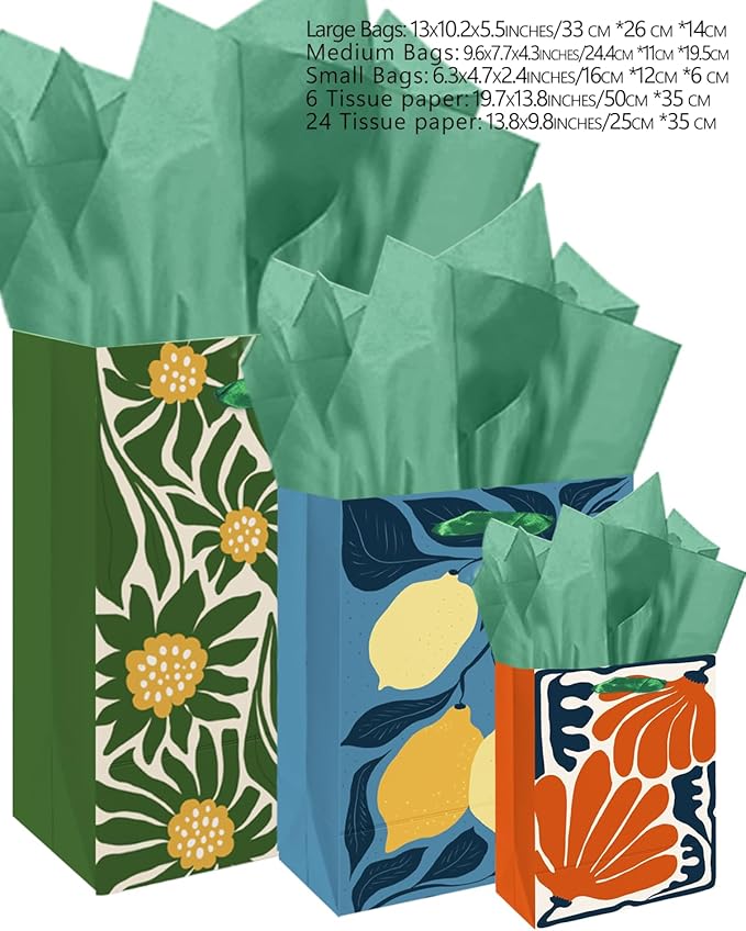 qiqee Clash Flowers Gift Bags with Tissue Paper Mulit Assorted Sizes 10PCS Present Party Favor Birthday Bags(2pcs Large 13", 4pcs Medium 9", 4pcs Small 6"，30pcs Tissue Paper)