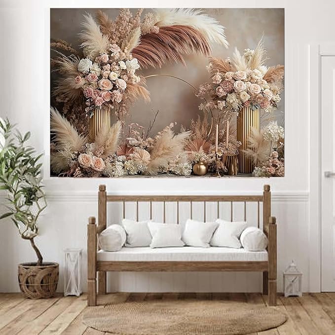 Boho Floral Wedding Backdrop Pampas Grass Flower Curtain Background Wedding Bridal Shower Anniversary Party Decoration Backdrop Newborn Baby Shower Pregnancy Photos Backdrop (7x5feet)
