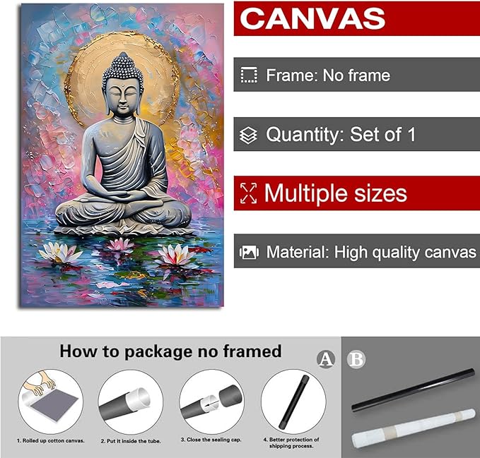 Lotus and golden Buddha meditation tranquil zen wall art mindfulness wall art for spiritual harmony and tranquility decor 20x30in Frameless