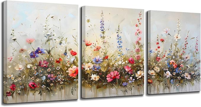 SERIMINO Nature Floral Botanical Wall Art Prints Aesthetic Farmhouse Decor, Misty Flowers Modern Home Decor Paintings, 3 Piece Canvas Wall Art for Living Room Bathroom Bedroom 12"X16"