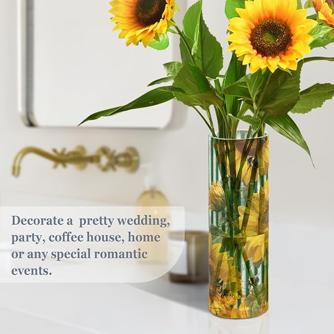 Flower Vase Clear Plastic Cylinder Vases Decor for Centerpieces Home Storage Office Weddings Green Striped Sunflowers and Honey Bees 11.8 x 3.9 in