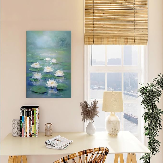 Zen wall art Delicate white lotus flower floating on calm water Vintage oil painting print Serene aquatic wall art creates a tranquil home decor 32x48in Frameless