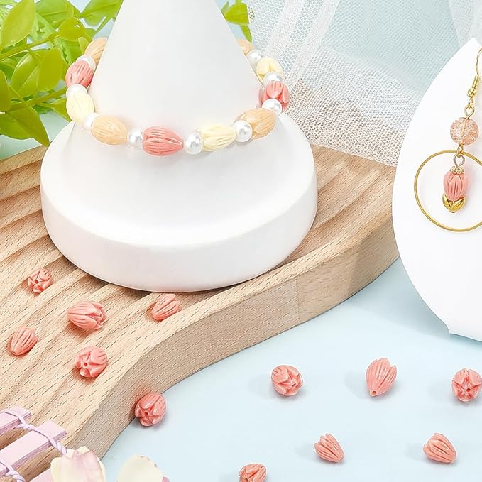 1 Box 100Pcs 2 Styles Carved Coral Beads 3D Flower Beads Pink Jasmine Small Artificial Floral Dyed Synthetic Coral Smooth Loose Spacers Findings for Jewelry Making Bracelet Necklace DIY Craft