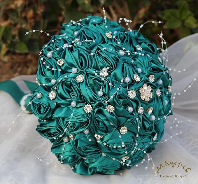 Bridal Wedding Bouquet Round Bling Brooch Bouquet Throw Toss Artificial Rose Flower Bunch for Bride Bridesmaid Wedding Quinceanera(Dark Green, 6.3")