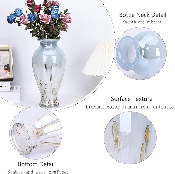 Hand Blown Glass Vase 11.8" Tall Beautiful Blue White Sea Wide Mouth Bud Vase for Table Centerpiece, Painted Colorful Murano Glass Flower Vases for - Home Entrance Wedding Center