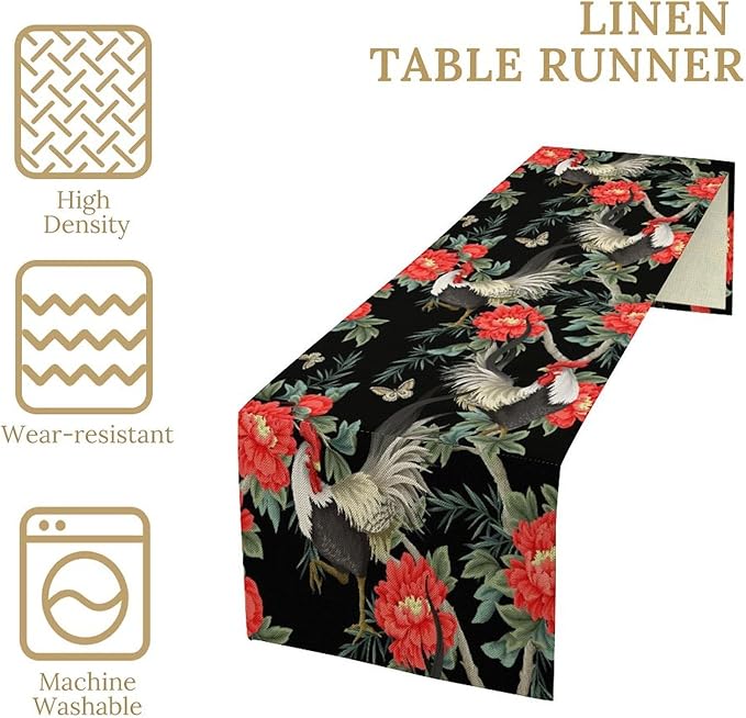 Rooster Floral Table Runner Vintage Farm Chicken Peonies Flower Dinner Runner for Country Farmhouse Home Kitchen Dinner Table Holiday Party Decoration 13x120in