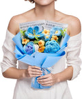 Crochet Flowers Bouquet Gift for Wife Girlfriend Fiancee Mother Women, Handmade Artificial Knit Blue Rose Tulip Flower for Wedding Anniversary Birthday Valentine's Day Present, Home Decor