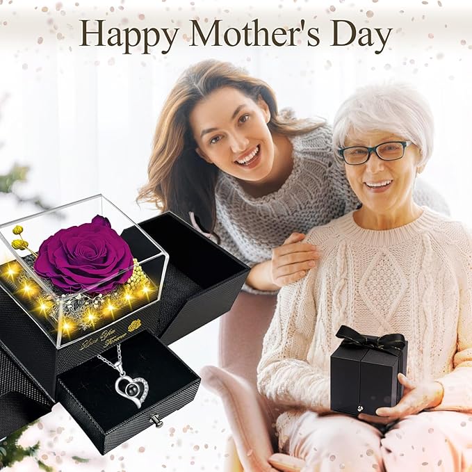 Preserved Real Rose-Eternal Flowers Purple Rose Gifts for Women Her Mom Wife Girlfriend on Valentines Mothers Day with I Love You Necklace 100 Languages Engraved Acrylic Block Puzzle Piece