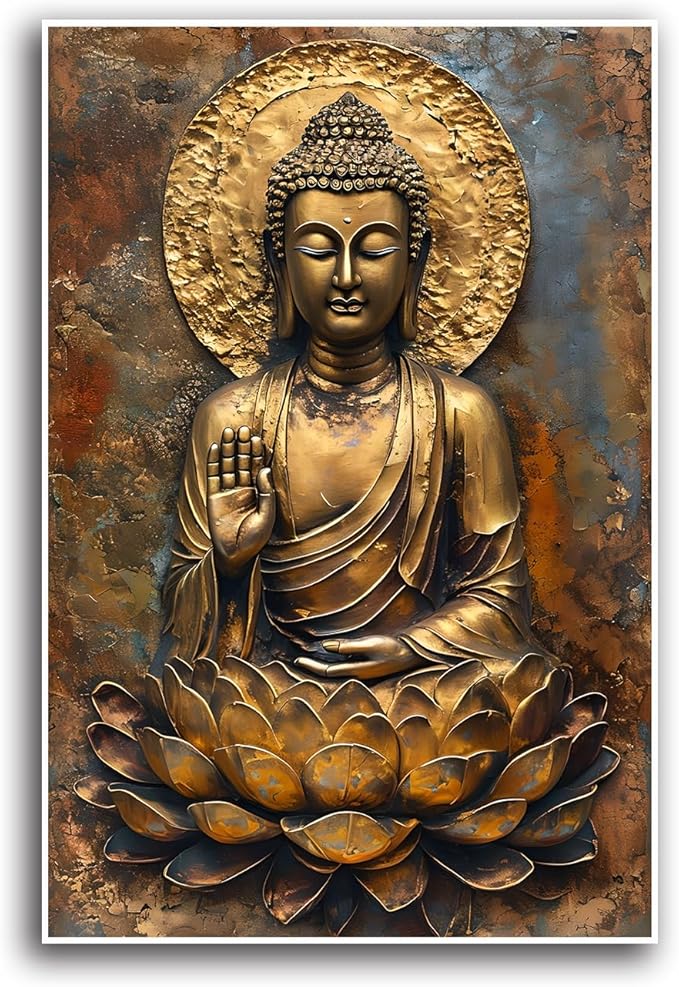 Buddha Wall Art Golden Buddha in Lotus Seat Serene spiritual statue radiant aura Meditation and mindfulness wall art suitable for sacred spaces 24x36in Frameless