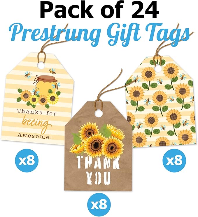 Pro Supply Global Strung Sunflowers Theme Gift Tags - 2.5x3 Inch 24 Pack - 3 Design Styles Assorted Cardstock Prints Pre-Strung Hanging Labels Suitable for Wrapping Favors DIY Presents Packaging Bags.