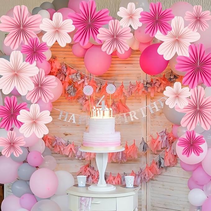 Paper Fans Party Decorations Paper Flowers Decorations for Wall Classroom Floral Backdrop Baby Shower Birthday Party Flower Wall Decor Pack of 9 Pink
