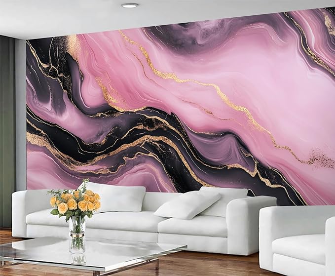 Pink Black Marble Wall Mural, Luxury Fluid Art 3D Wall Murals, Gold Vein Abstract Marble Wallpaper Mural, for Living Room Bedroom Large Wallpaper Indoor Decor 177.16" W x120 H