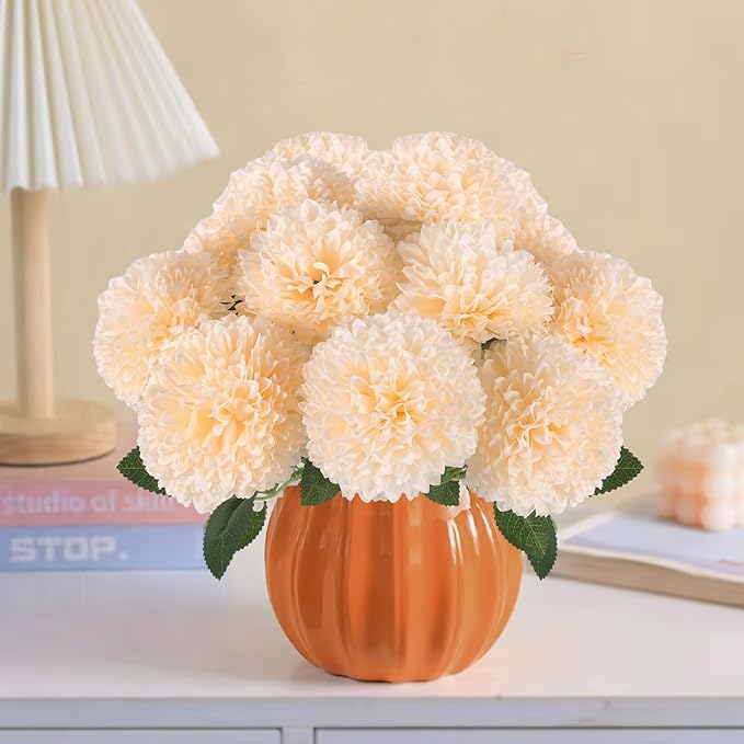 Hananona 12 Pcs Artificial Chrysanthemums Flowers Ball Flowers, Fake Mums Silk Plants for Home Decor Indoor Floral Arrangement Table Centerpiece (12, Champagne)