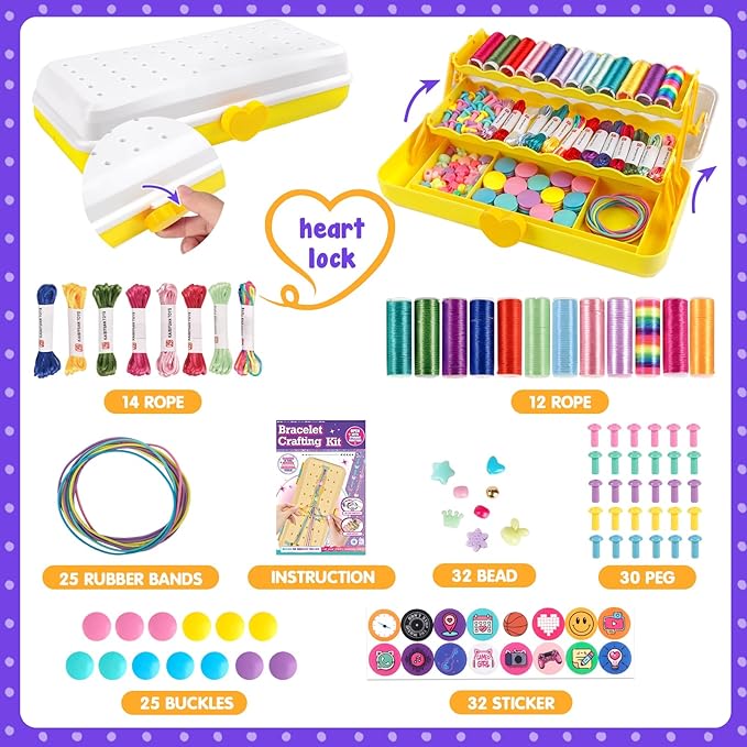 Friendship Bracelet Making Kit with Storage Box,DIY String Bracelet Arts and Craft for Girls Aged 8-12,Kids' Travel Activity Toy Set,Birthday Gifts for Ages 6 7 8 9 10 11 12 Year Old (White/Yellow)