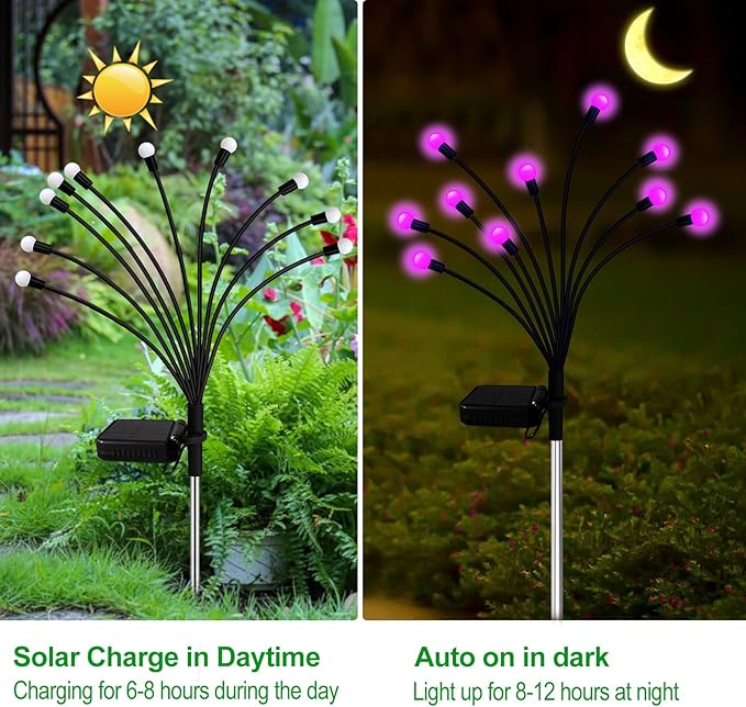 Kohlrabi Solar Garden Lights Outdoor, 4 Pack 40 LED Solar Pink Firefly Lights Waterproof, Starburst Wind Swaying Light for Outside Yard Patio Planter Flower Bed Walkway Christmas Decoration