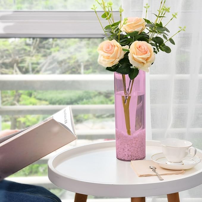 Flower Vase Clear Plastic Cylinder Vases Decor for Centerpieces Home Storage Office Weddings Pink 11.8 x 3.9 in