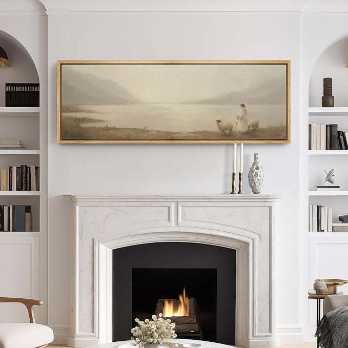 SIGNFORD Large Framed Canvas Print Wall Art Pastoral Scene with Shepherd and Sheep by Lake Illustrations Modern Art Relax/Calm Warm for Living Room, Bedroom, Office - 60"x20"