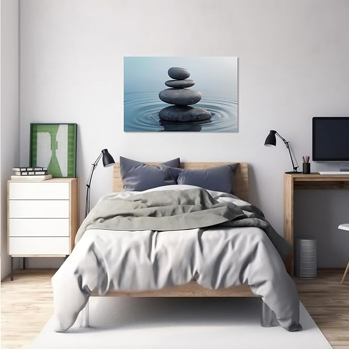 Zen wall art Harmonious grey stones stacked on a calm surface of water Serene Zen decor suitable for tranquil homes and spaces of meditation 12x18in Frameless