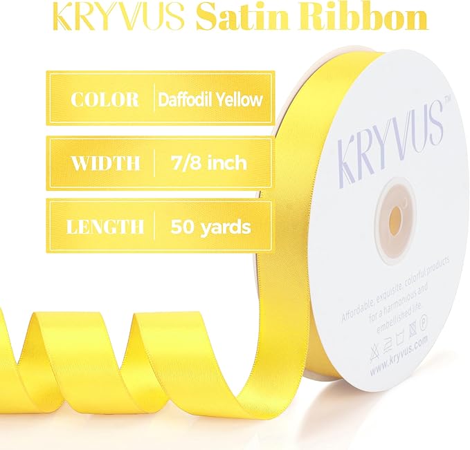 Daffodil Yellow Satin Ribbon, Double Faced 7/8 Inch X 50 Yards Daffodil Ribbon, Premium Satin Ribbon for Gift Wrapping, Crafts, Hair Bow Making, Sewing, Flower Bouquet, Wedding Party Decor