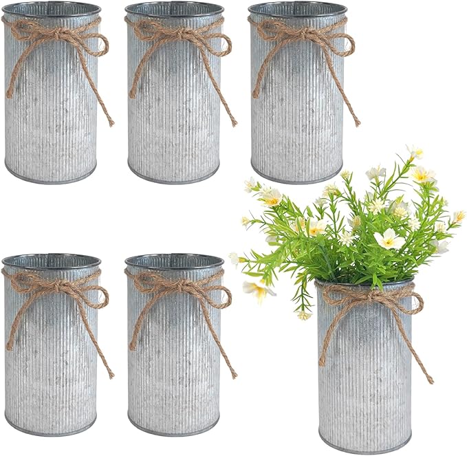 6" High Vase Centerpiece for Table, Rustic Farmhouse Mason Jars with Twine Bow, Vintage Galvanized Metal Flower Container for Wedding Home Decor (Silver, 6Pcs)