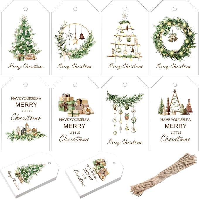 200 Pcs Christmas Gift Tags with String Christmas Natural Holiday Gift Name Tags to Personalize Xmas Presents Gifts Decoration for DIY Wrapping Crafts Party Favors(Wreath)