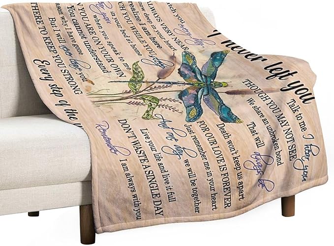 Dragonfly Blanket Memorial Sympathy Gifts for Girls Women Loved One I Never Left You Throw Blanket for Kids Adults Soft Warm Cozy Fleece Blanket for Couch Sofa Bed 50"x60"
