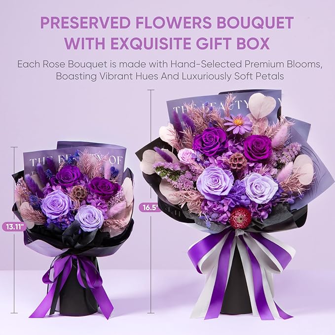 Flowers for Delivery Preserved Flower Fresh Bouquet Forever Flowers Birthday Gifts for Women Mom Anniversary Purple Real Rose Gifts for Grandma Sister Wife Her from Daughter Home Wedding Decor