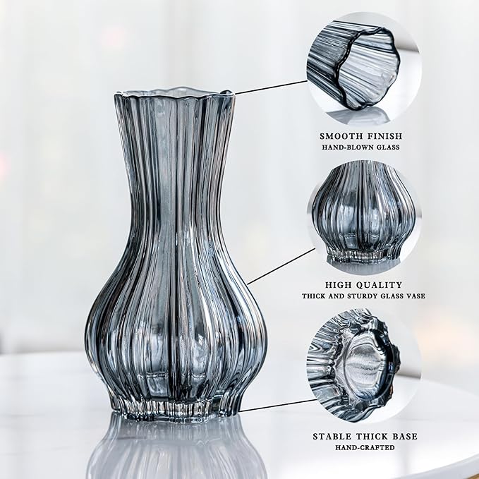 8" Decorative Modern Flower Vase with Twine Rope for Floral Arrangements, Wide Mouth Large Clear Glass Vase for Bouquet(Transparent) (Grey, 01)