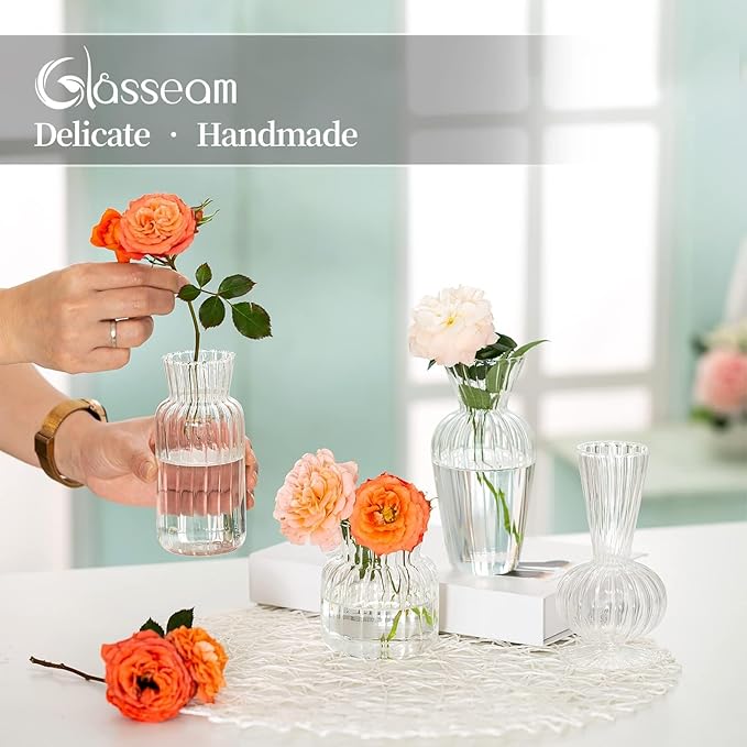 Modern Clear Glass Bud Vase Bulk Set: Glasseam 8Pcs Small Mini Flower Centerpieces Vases Handmade DecorativeCute Short Window Corner Home Decor for Wedding Reception Dining Table Single Rose