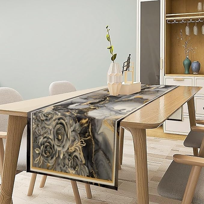 Grey Marble Flower Table Runner, Black Grey Marble Golden Veins Abstract White Natural Texture Floral Dinner Runner Table Decoration for Home Kitchen Dining Holiday Party 13x36in