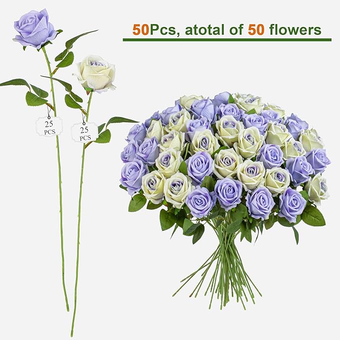 Fake Plants Roses Flowers Plastic Flowers Spring Decorations for Home Gifts for Gf Roses Artificial Flowers for Vase Fake Flowers Home Decor 19.6"(LPU & Pu Heart 50PCS)