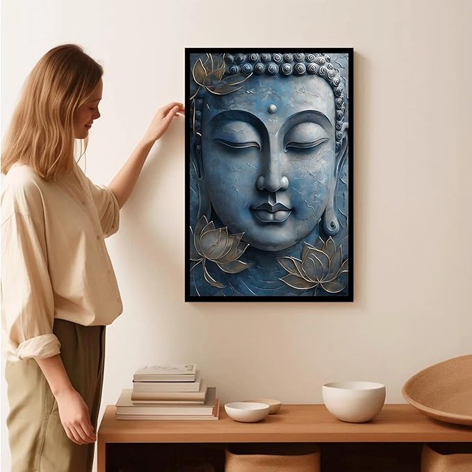 Canvas wall art Golden lotus crown Serene Buddha poster Ethereal blue toned art with delicate floral decor Zen wall art for a tranquil meditation space 24x36in Metal blackFramed