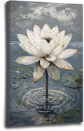 Stunning white lotus emerges from prismatic water with delicate petals background Serene aquatic wall art suitable for modern minimalist decor 8x12in Wood Framed