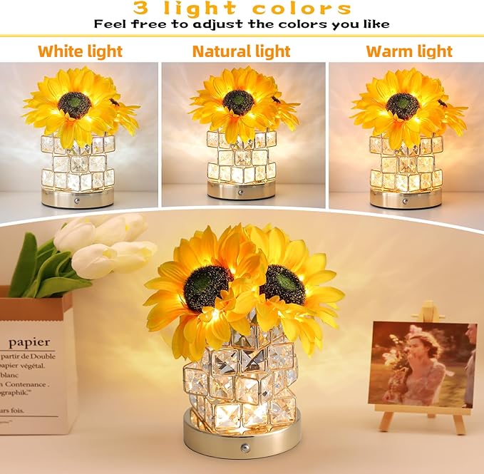 Birthday Gifts for Women,Sunflower Flower Touch Lamp,Rechargeable Cordless 3-Colour Dimming Small Night Light for Festival,Restaurant,Bedroom Housewarming Gifts for Mom