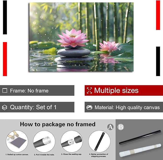Ethereal pink lotus on obsidian Sunlit bamboo forest with sparkling water drops Poetic nature inspired wall art for tranquil homes and mindful spaces 8x12in Frameless