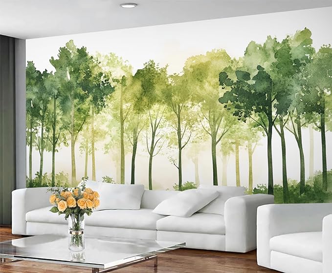 Watercolor Forest Wall Mural, Minimalist Forest Scene 3D Wall Murals, Nordic Nature Wallpaper Mural, for Living Room Bedroom Large Wallpaper Indoor Decor 59" W x39.4 H