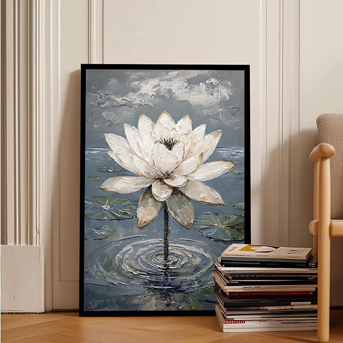 Stunning white lotus emerges from prismatic water with delicate petals background Serene aquatic wall art suitable for modern minimalist decor 20x30in Metal blackFramed