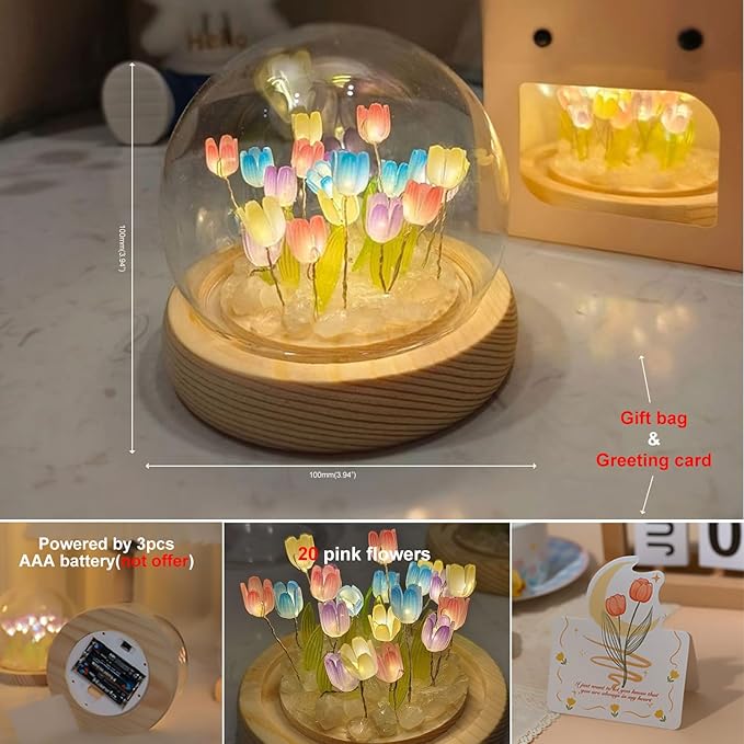 (20 Flower) Assembled Tulip Lamp Night Light with Glass Dome, Handmade Artificial Flower Table Lamp Bedroom Desk Decoration for Women Girlfriend Sister Besties Birthday Christmas Gift (Multicolor)