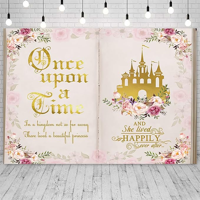 5x4ft Once Upon a Time Backdrop Fairy Tale Books Pink Floral Princess Castle Photography Background Romantic Wedding Birthday Party Banner Decorations Cake Table Decor